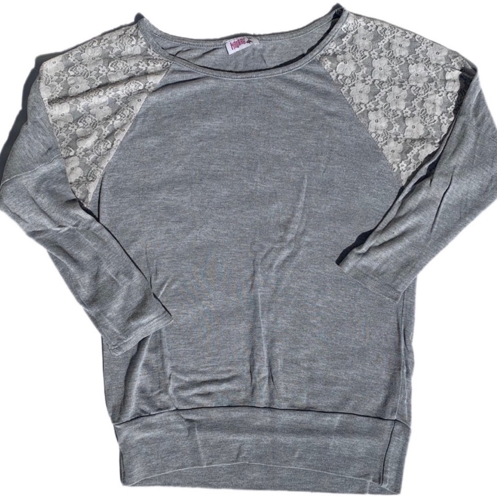 Madrag women’s size small grey long sleeve lace shoulders material shirt